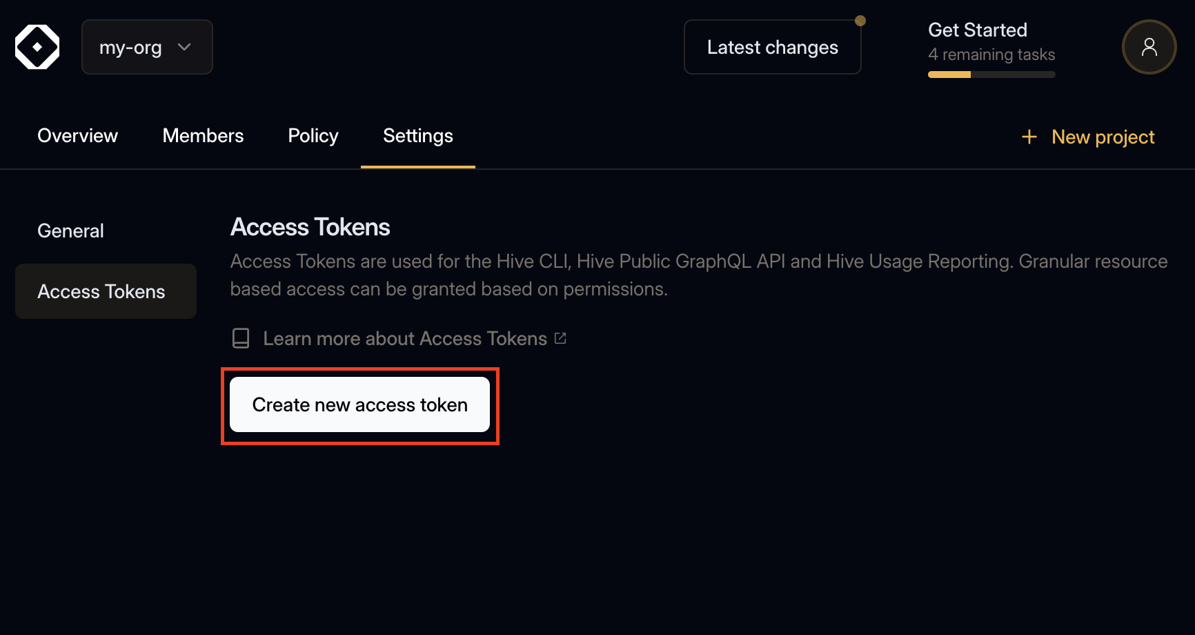 Create new access token button within the organization settings access token section